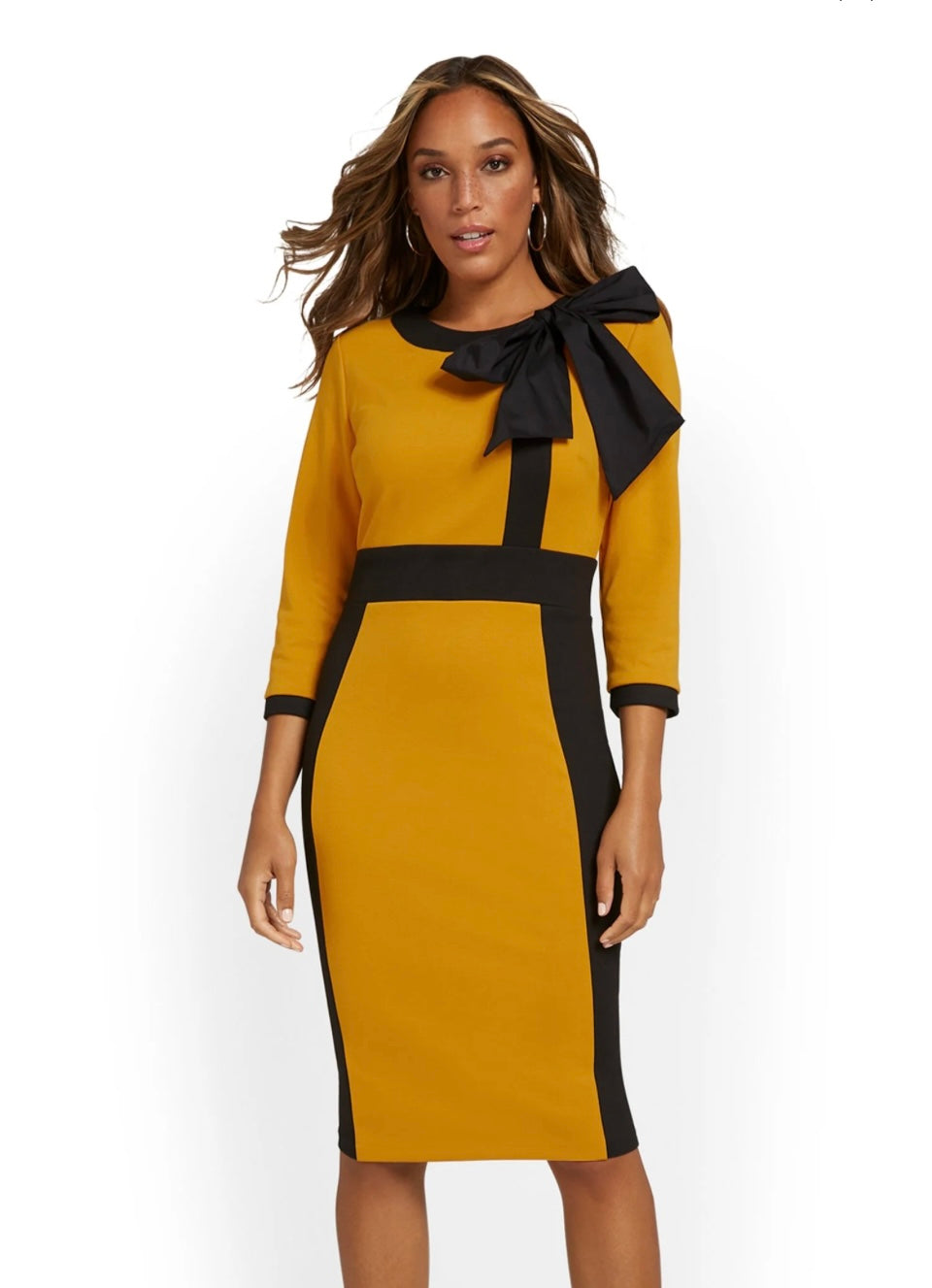 Tall Mustard Contrast-Trim Bow-Front Sheath Dress - Size  XL