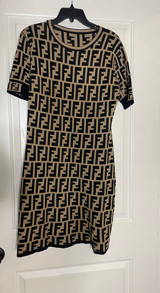 BROWN KNIT PRINT DRESS